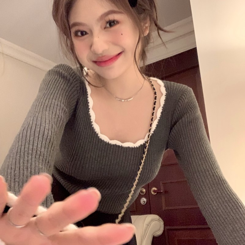 极速灰色方领g针织打底衫女春秋季羊绒皮草内搭毛衣法式绝美木耳