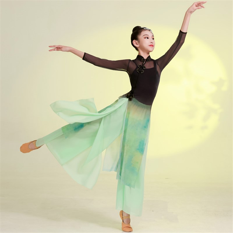 极速儿童古典舞蹈服练功服女童y飘逸旗袍纱衣黑色长袖中国舞演出