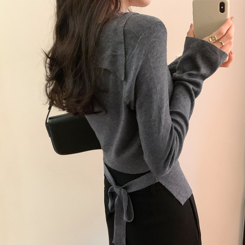 法式翻领长袖针织开衫女秋季2023新款小众修身打底Y衫短款上衣女