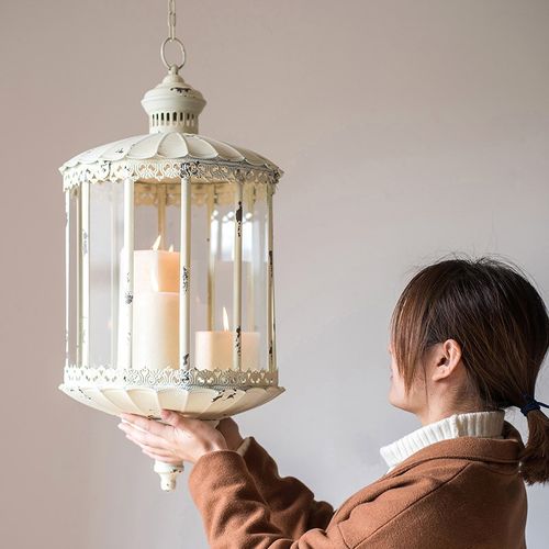 极速掬涵大型垂j吊风灯烛台陈列吊架铁艺玻璃法式复古白橱窗装饰