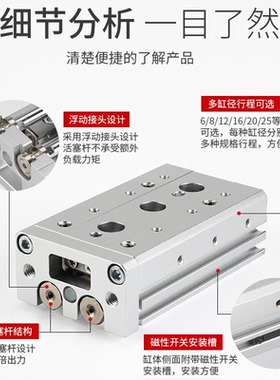 直线带导轨HLS精密小型气动滑台气缸MXS8-10/20/30/40/50*75AS AT