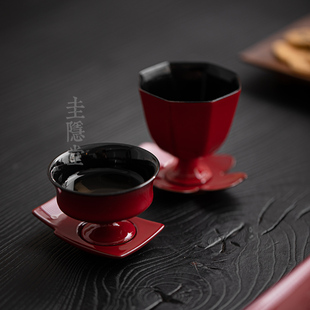 圭隐堂故宫红陶瓷杯垫 方型四瓣造型杯托 茶道专用茶杯隔热垫