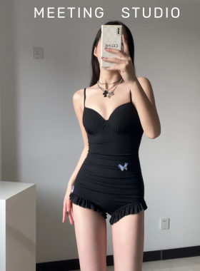 遇见泳衣女款泡温泉黑色长袖性感钢托聚拢连体收腰显瘦两件套泳装