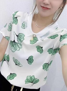 娃娃领碎花衬衫夏短袖洋气独特别致小衫减龄法式中年妈妈T恤上衣L