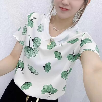 娃娃领碎花衬衫夏短袖洋气独特别致小衫减龄法式中年妈妈T恤上衣L