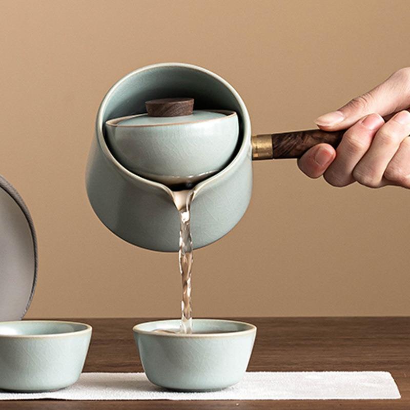 天青汝窑侧把壶茶具套装创意转转茶壶泡茶家用户外不烫手一壶三杯