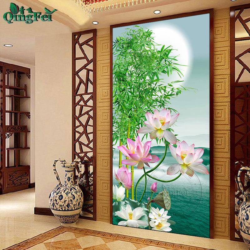 青飞精准印布富贵绿竹荷花图十字绣新款玄关莲花线绣自绣手工挂画