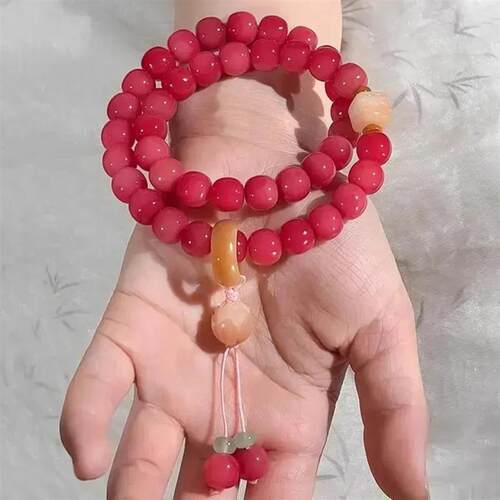拾汐时尚精品木质手链 菩提珠串胭脂红菩提根双圈文玩手串高密手