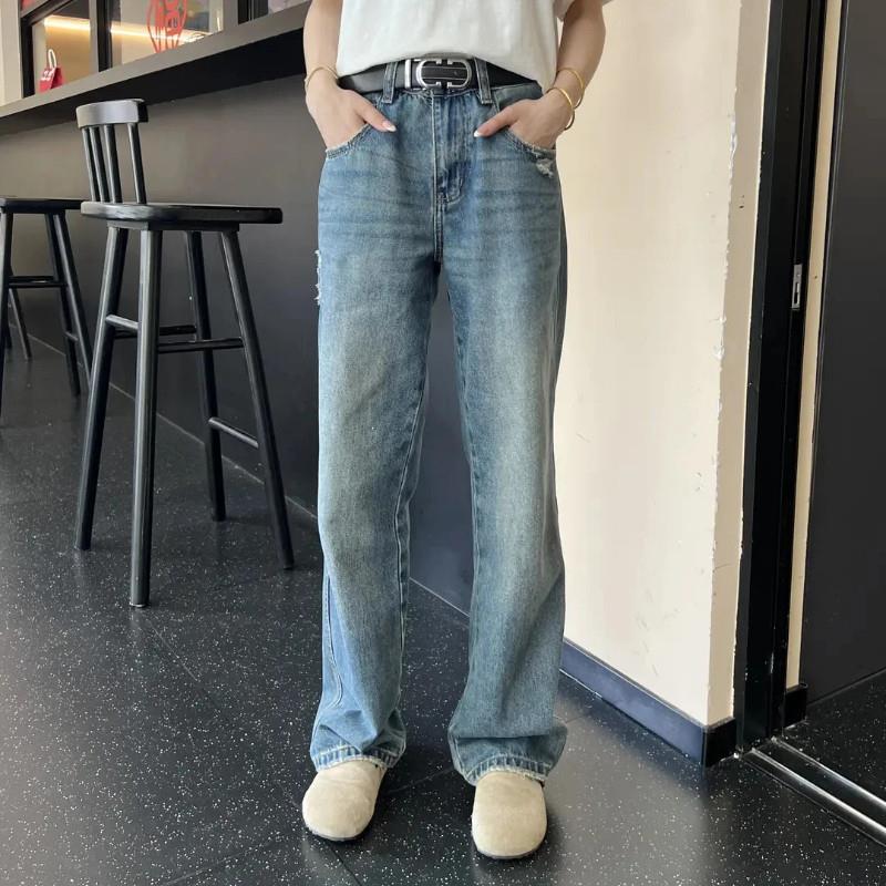 羽梦服装美式百搭新y款牛仔裤男款直筒中腰宽松水洗做旧微宽松长
