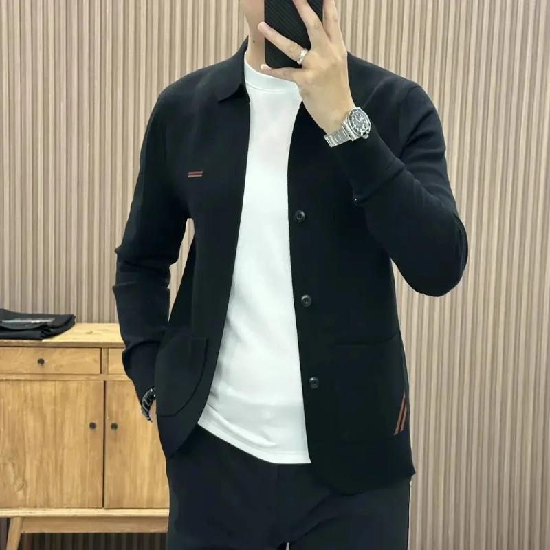 志诚潮牌男I装秋季新品翻领长袖开衫针织提花针织衫毛衣修身潮流