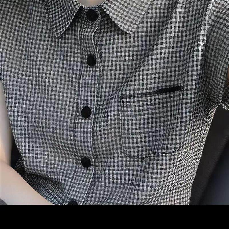黑色翻领格纹短袖衬衫女夏季法式轻奢复古风衬衣减龄