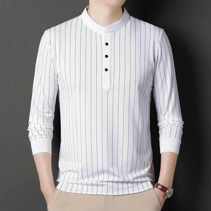 2甜骁物臻品服饰男中青年圆领衬衫条纹纽扣休闲轻奢爆款长袖薄款