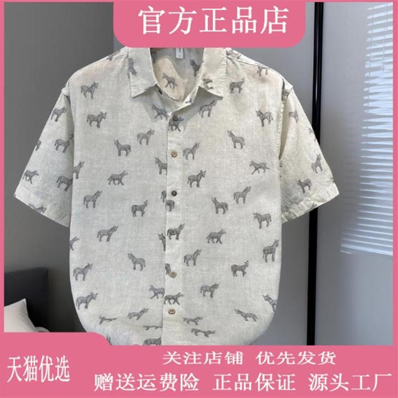 欧卡曼男装轻奢定制潮流文艺男短袖衬衫夏季透气宽松高档亚麻衬衣