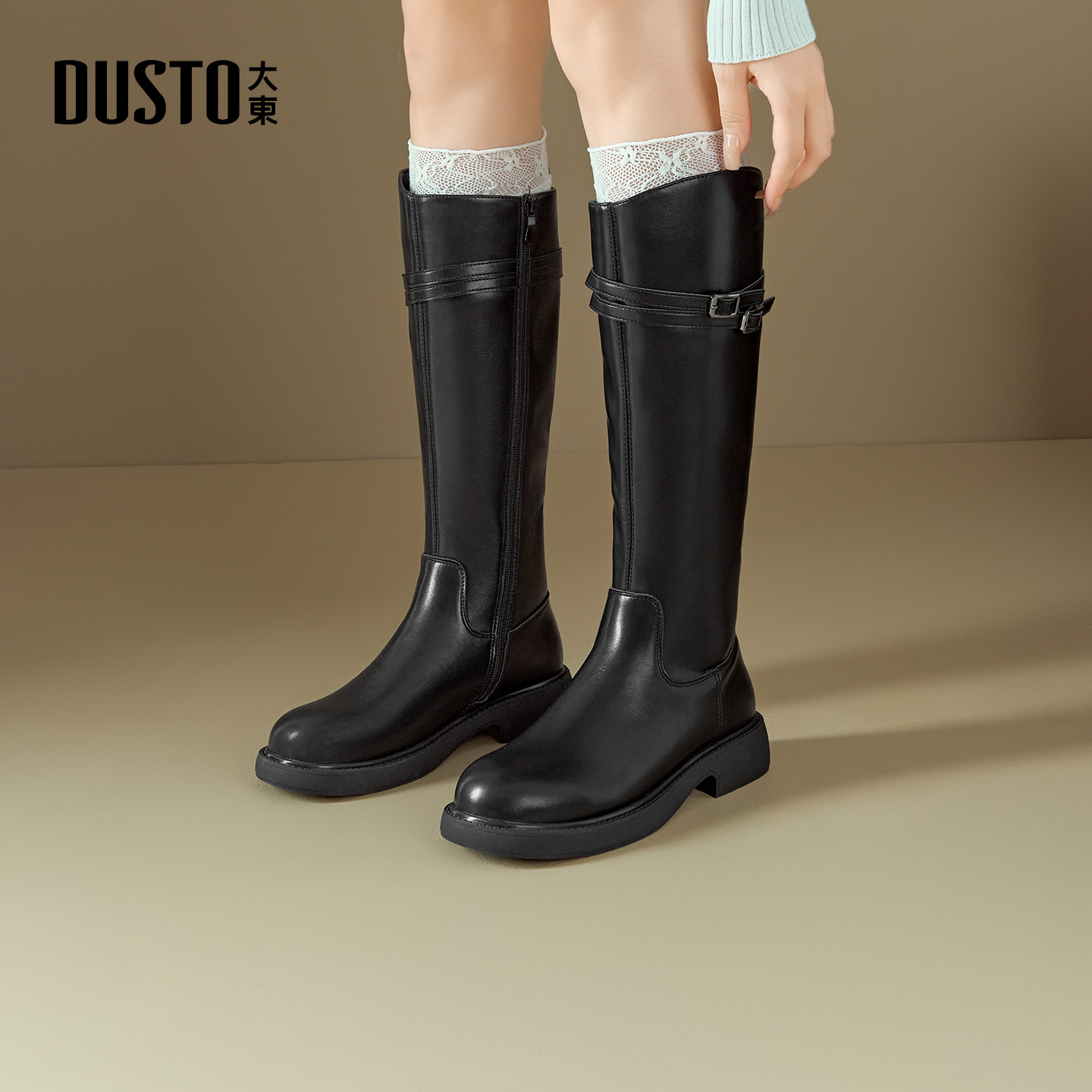 大东官方厚底长筒靴女2025新款冬季高筒靴加绒大筒围长靴骑士靴女