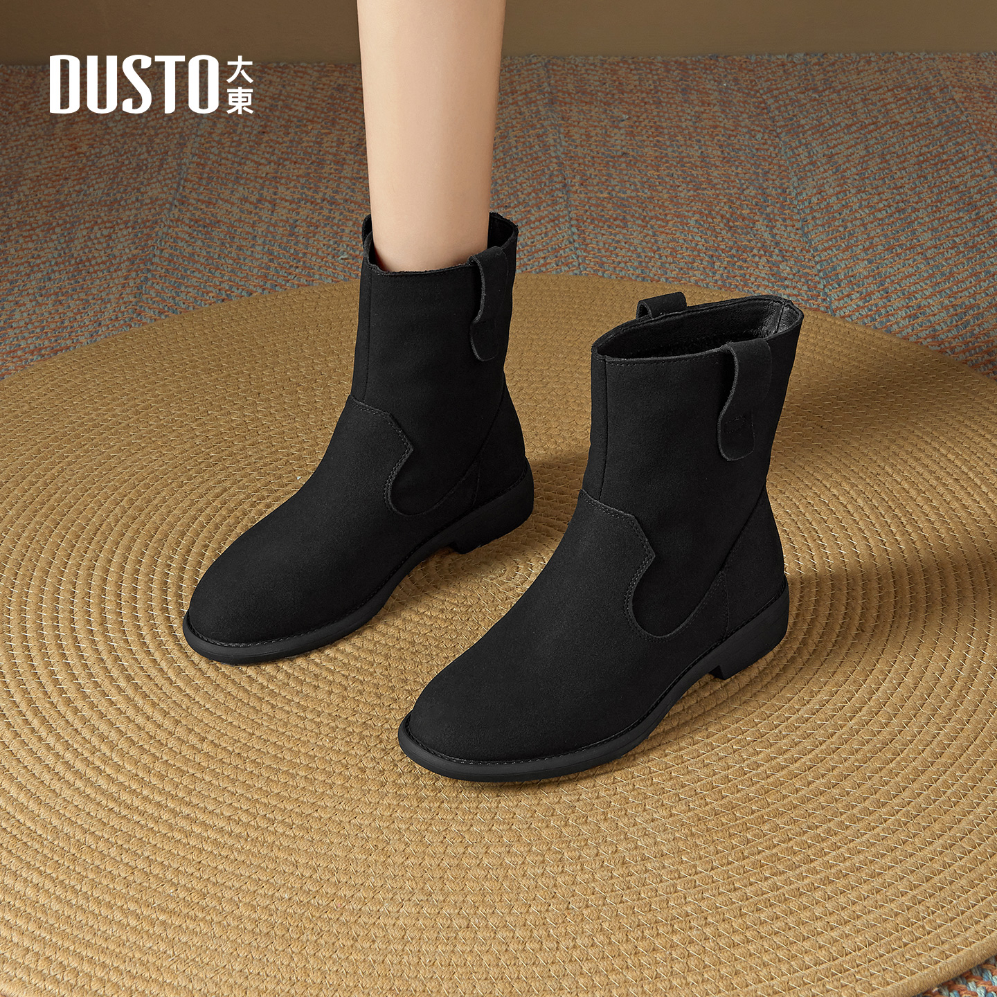 大东官方黑色加绒短靴女2025新款冬季粗跟英伦风袜靴牛仔靴瘦瘦靴