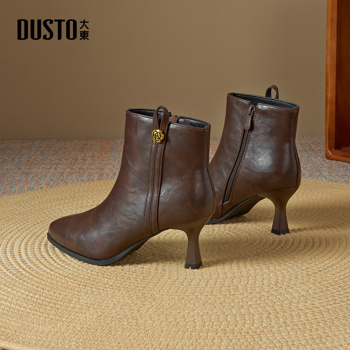 大东官方妈妈鞋秋冬2025新款细跟高跟鞋女士皮鞋洋气小裸靴短靴女