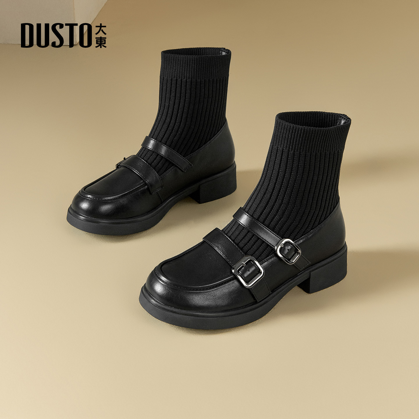 大东官方弹力袜靴短靴女款2025新款冬季针织加绒乐福鞋英伦小皮鞋