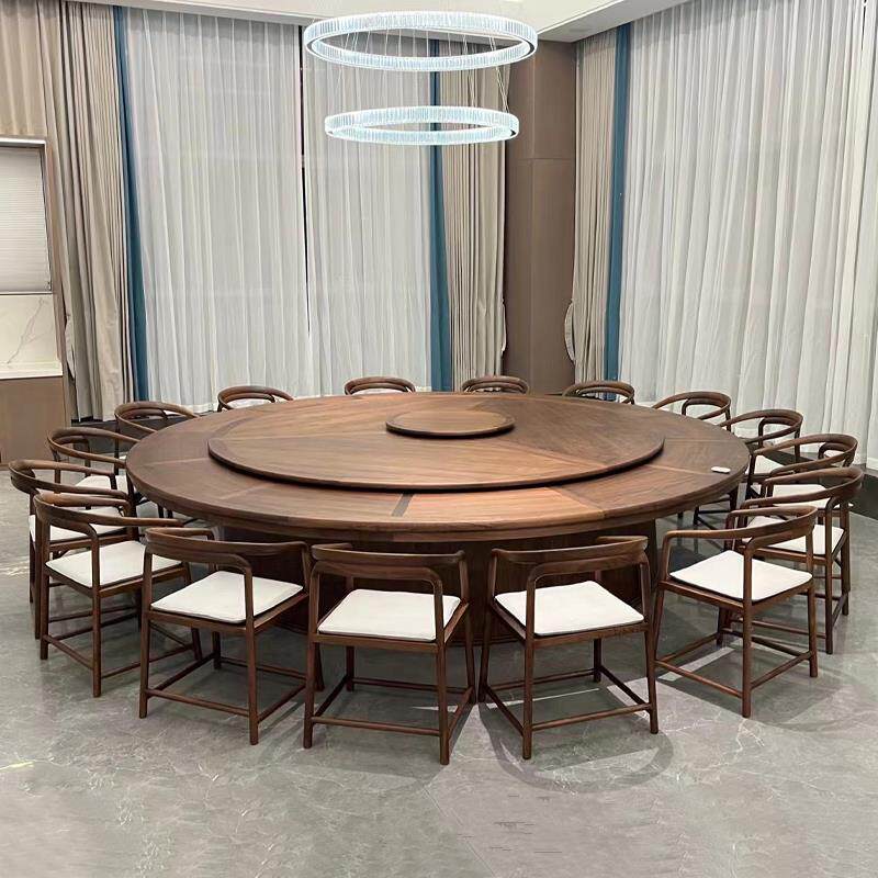 新中式电动大圆桌酒店会所包厢黑胡桃实木餐桌设计师圆桌家用饭桌