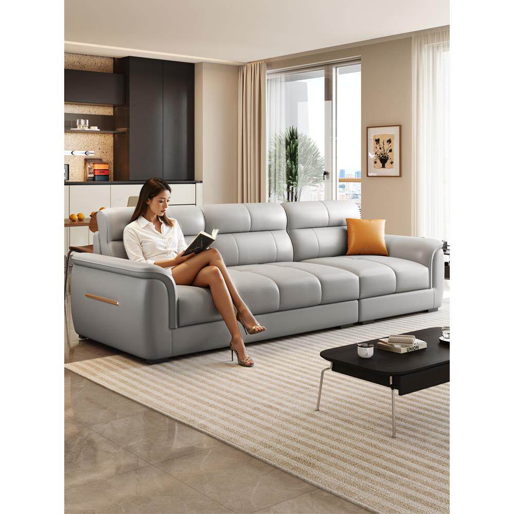 真皮沙发客厅小户型现代简约直排三人位家用出租防猫抓奶油风沙发