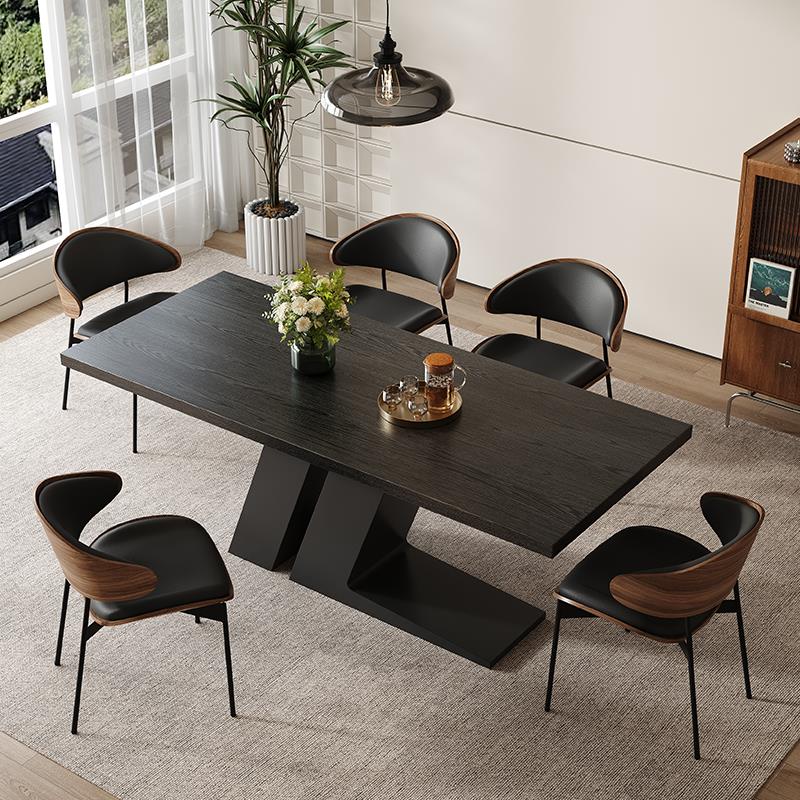木纹黑下挂岩板餐桌椅组合现代简约家用小户型餐厅长方形吃饭桌子
