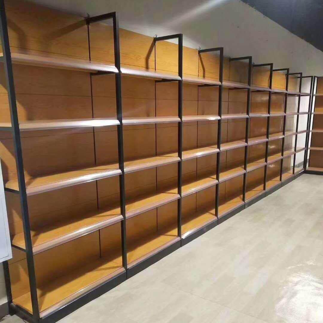 四柱超市货架新款木纹转印展示架便利店母婴多层置物架子中岛货柜