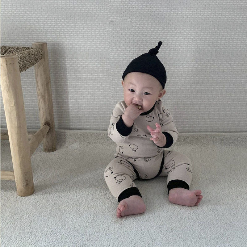 韩版春秋款男女宝宝潮搭打底衫打底裤帽子三件套婴幼儿家居服套装