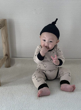 韩版春秋款男女宝宝潮搭打底衫打底裤帽子三件套婴幼儿家居服套装