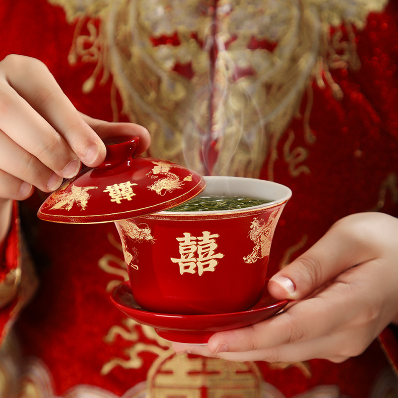 敬茶杯结婚陪嫁用品改口敬酒茶杯子喜碗一对婚礼茶具红色碗筷套装