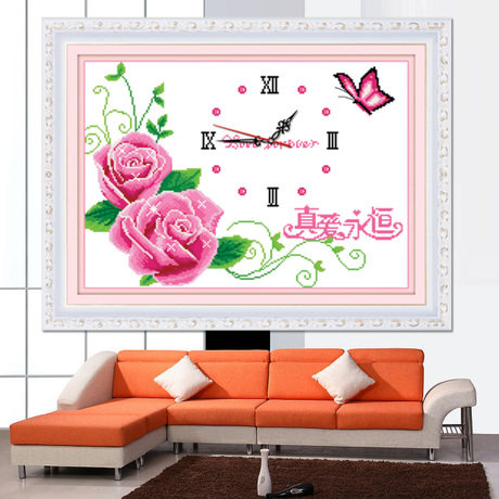 映美刺绣十字绣2025新款线绣时钟钟表闹钟挂钟适合餐厅卧室挂玫瑰