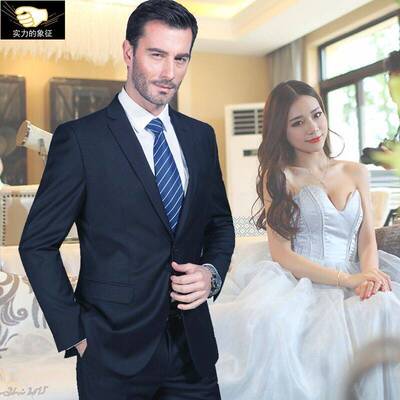 卫蓝天韩版商务正装男西装套装｜婚礼伴郎+职场通勤｜修身款