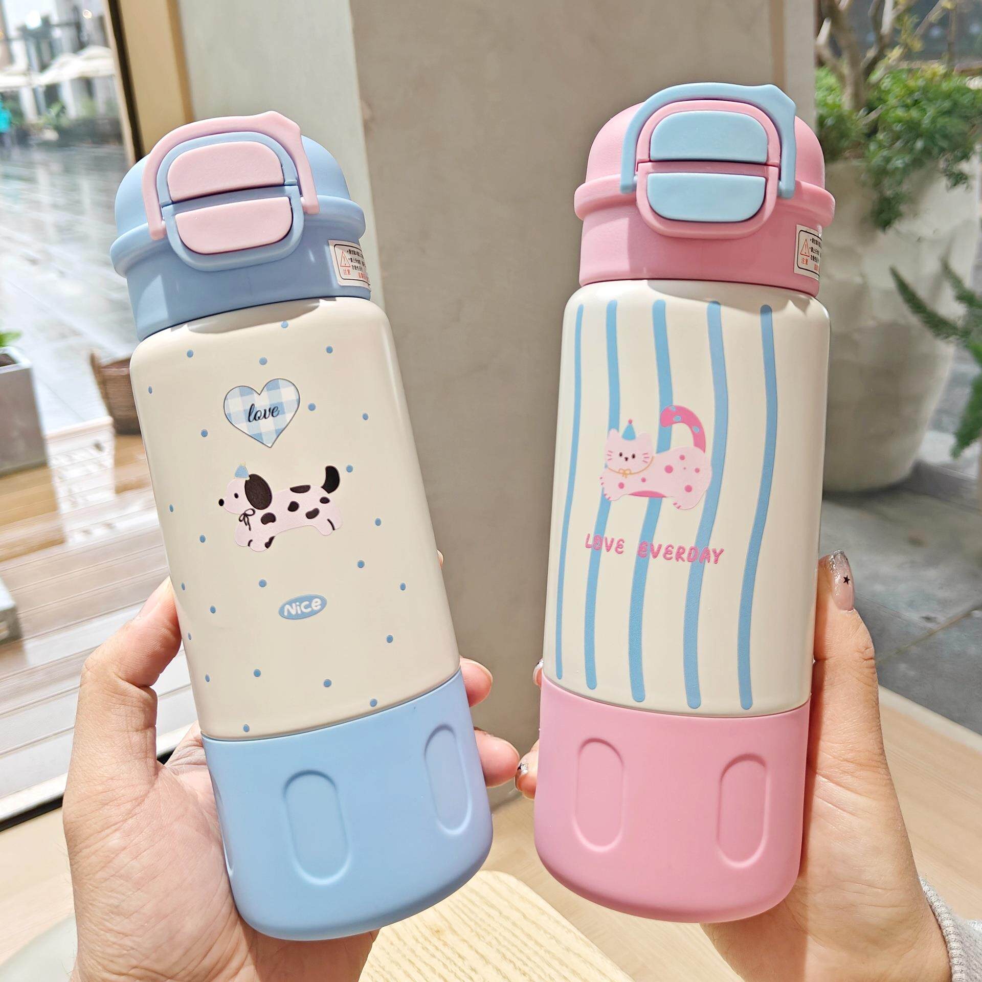 卡通一盖两用保温杯可爱儿童弹盖吸管水杯不锈钢真空杯学生便携杯