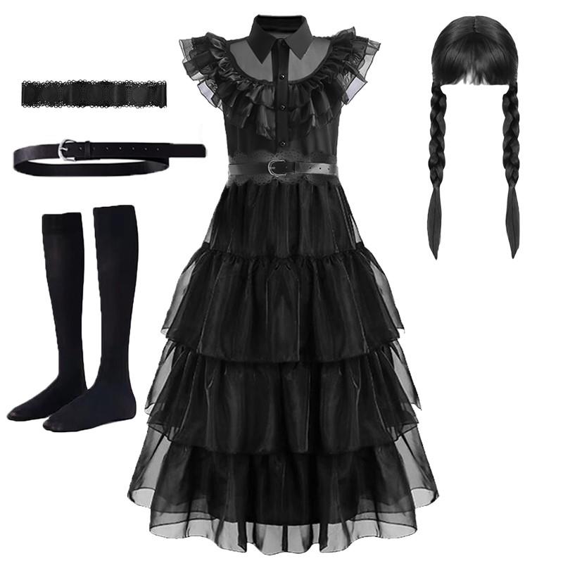 Girls Black Wednesday Addams Costume Party Cosplay Halloween