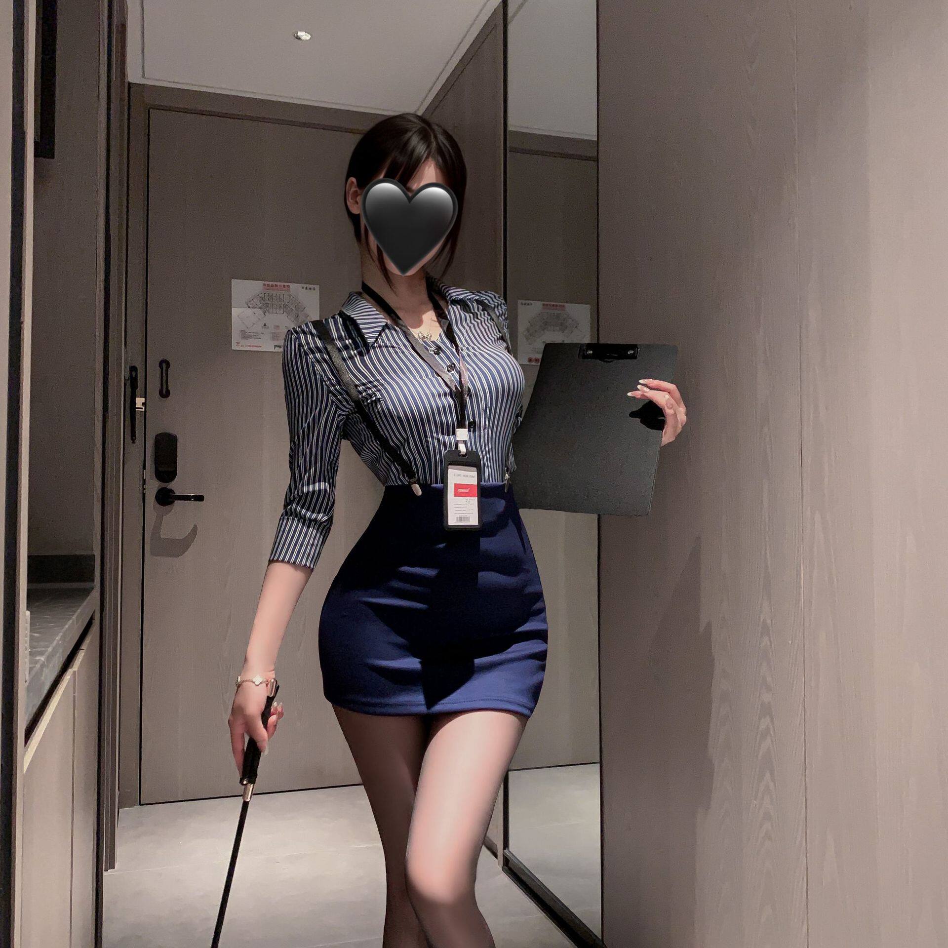 OL秘书套装高腰背带短裙制服调情qqny睡衣女职业套装条纹长袖性感