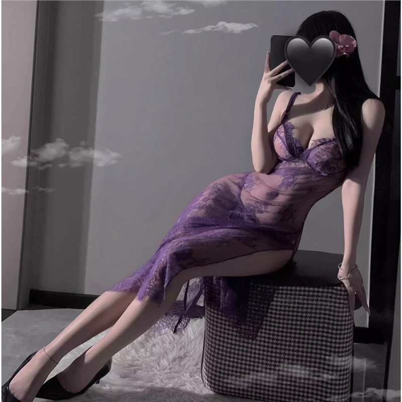 紫色吊带睡衣女套装性感透明蕾丝制服开叉长裙小胸装睡裙优雅修身