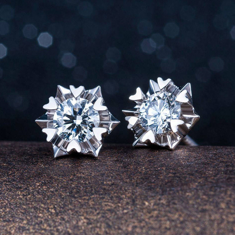 GIA天然真钻Pt950铂金耳钉经典雪花六爪1克拉求婚订结婚铂金耳钉