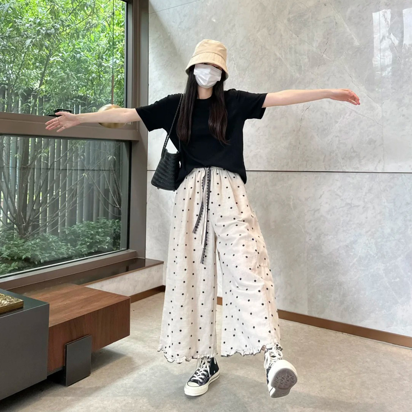 夏季薄款高腰显瘦波点阔腿九分裤