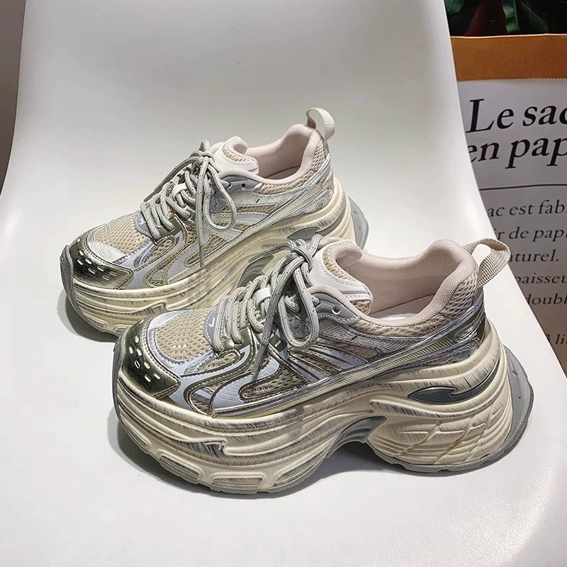 软牛皮~7CM增高做旧老爹鞋女2026夏季新款厚底真皮休闲运动鞋单鞋