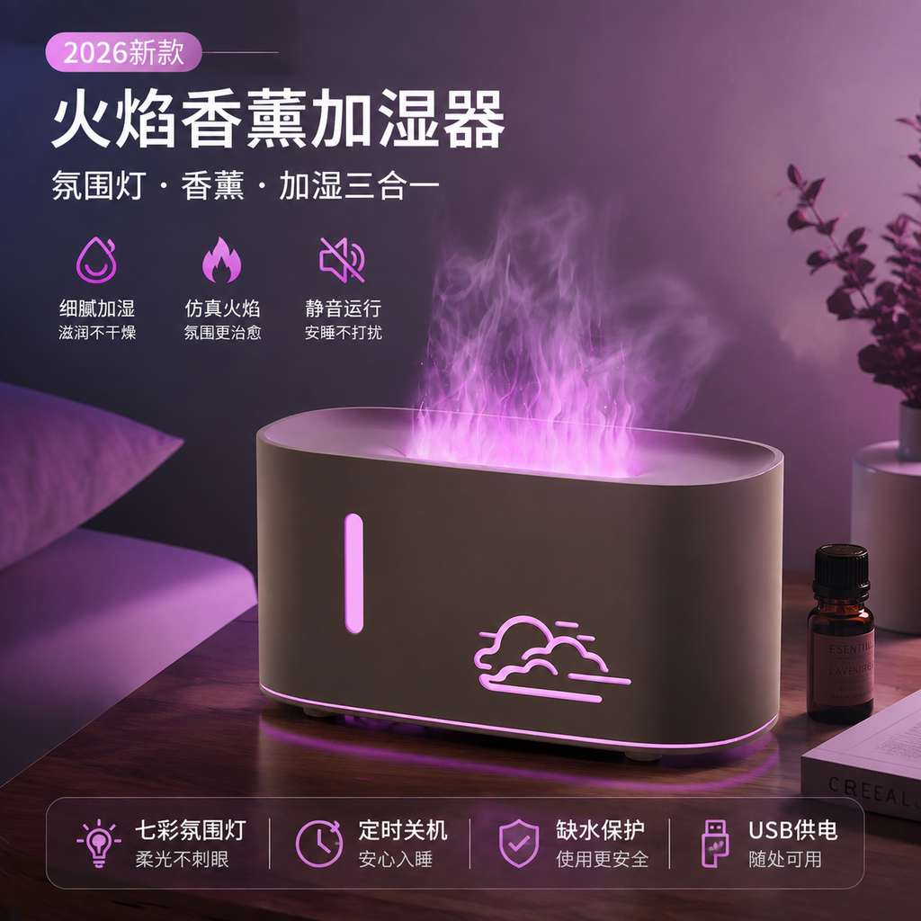 2026新款火焰香薰机桌面卧室氛围灯USB加湿器静音扩香仪茶桌摆件