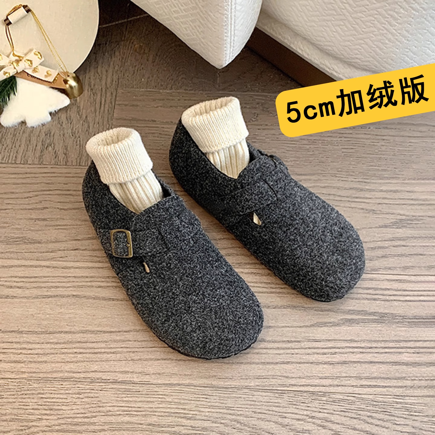 牛皮版~厚底毛呢勃肯鞋女秋冬新款加绒内增高小码博肯鞋毛毛棉鞋