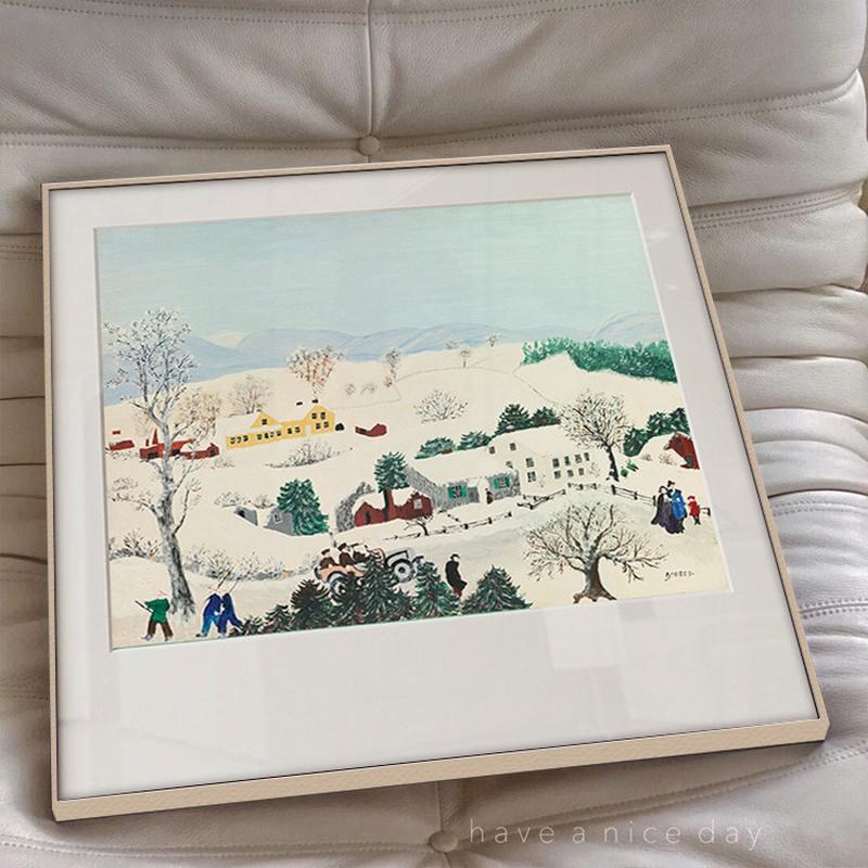 摩西奶奶装饰画餐厅挂画田园风景方形卧室床头客厅树林雪景卡纸画图片