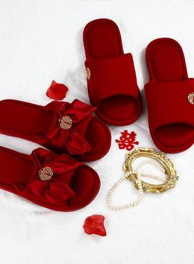 新款婚庆用品结婚拖鞋夏季蝴蝶结开口喜庆新婚情侣红色男女款拖鞋