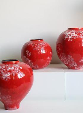 红色圆陶瓷花瓶现代新中式客厅插花摆件样板间民宿玄关高级感装饰