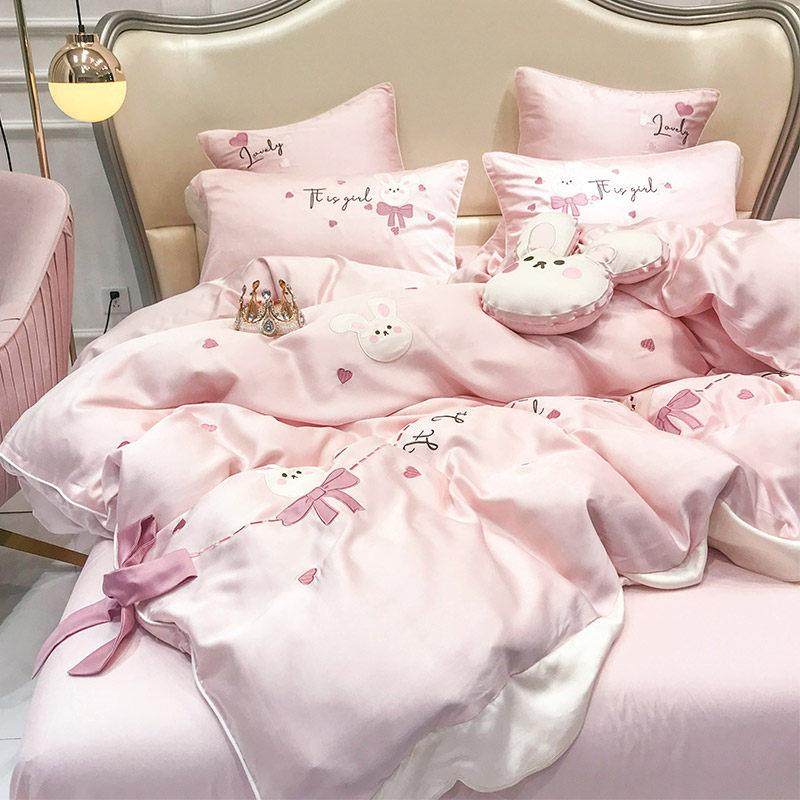 春夏卡通风60支兰精天丝四件套可爱小兔被套丝滑裸睡床品粉色,床上用品,床品套件/四件套/多件套,淘宝优惠券,粉丝福利购,淘宝优惠卷