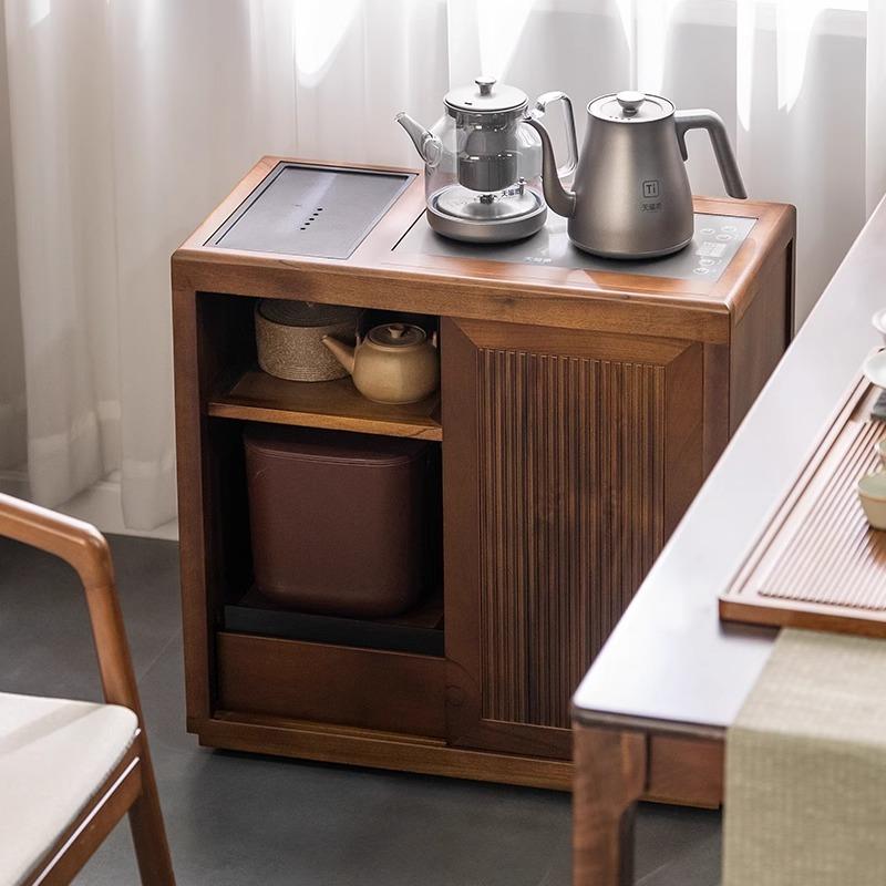 非洲核桃木移动茶台家用茶桌烧水一体可移动茶水柜沙发茶几收纳柜