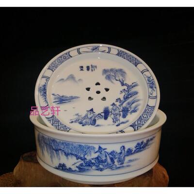 茶文化茶船／高温釉下手绘精品青花山水～渭水投竿图文并茂茶具