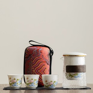 家用牡丹花茶壶茶杯户外便携快客杯 羊脂玉瓷功夫旅行茶具玻璃套装
