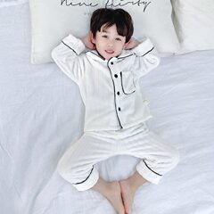 男童法兰绒睡衣白色套装秋冬季儿童加绒家居服宝宝加厚珊瑚绒男孩