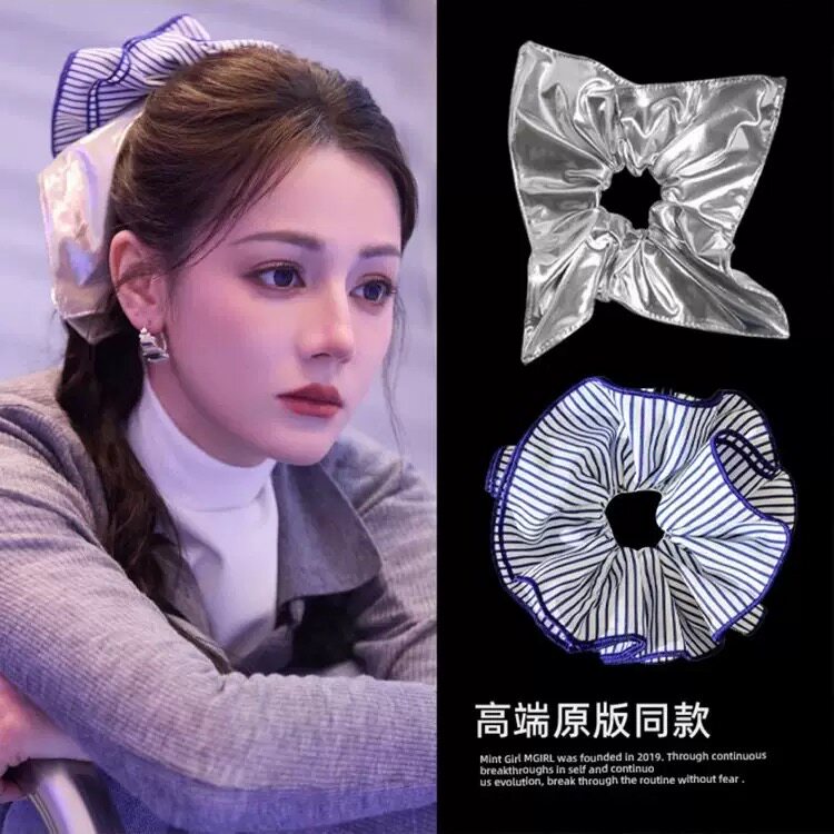 迪丽热巴开始推理吧同款大肠圈女时尚银色叠戴条纹发圈气质头绳