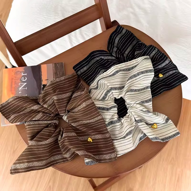 复古条纹方巾金标大肠发圈女2025新款高级感马尾扎头发绳法式复古