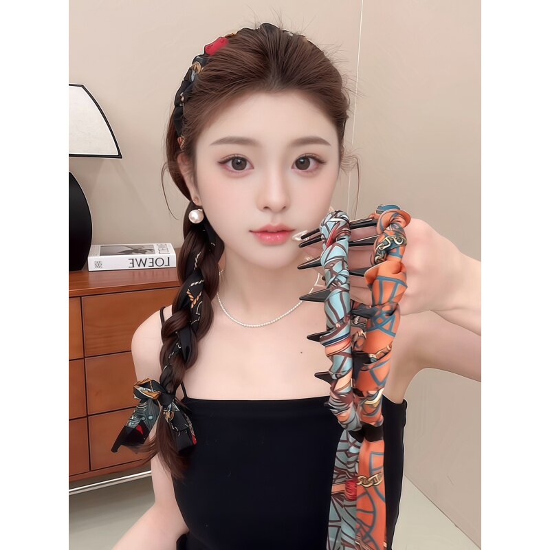 复古链条发箍缎面布艺压发卡头箍飘带发带女绑发一体系编发头饰夏